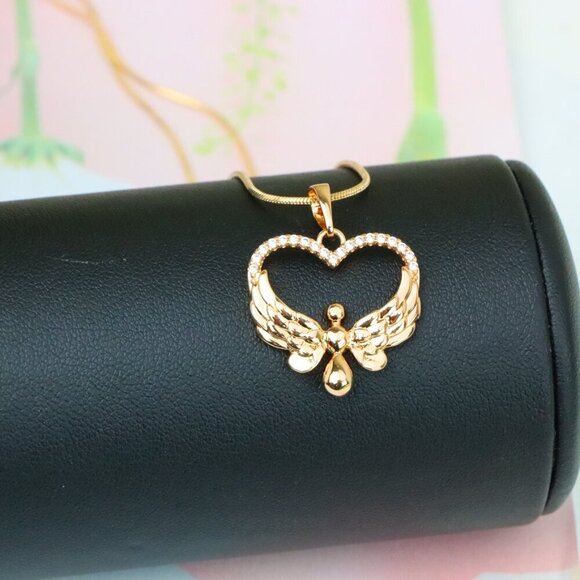 "Rose Gold Heart Pendant with Angel Wings and Crystal Accents, XPPT1251 - Picture 6 of 12